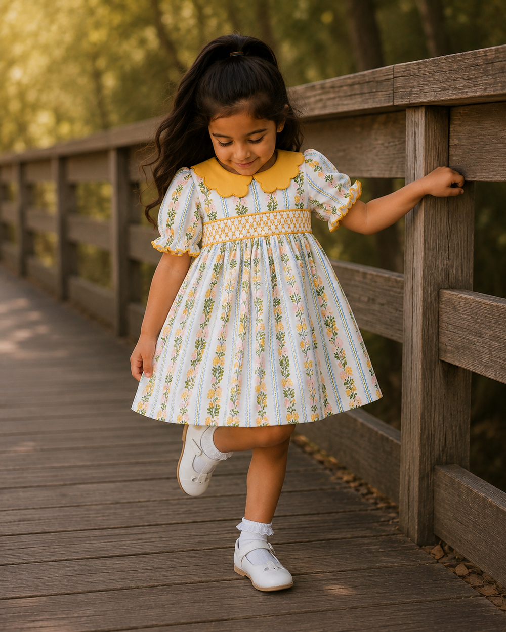 Yellow scalloped collar floral smocked dress with short puff sleeves, full skirt