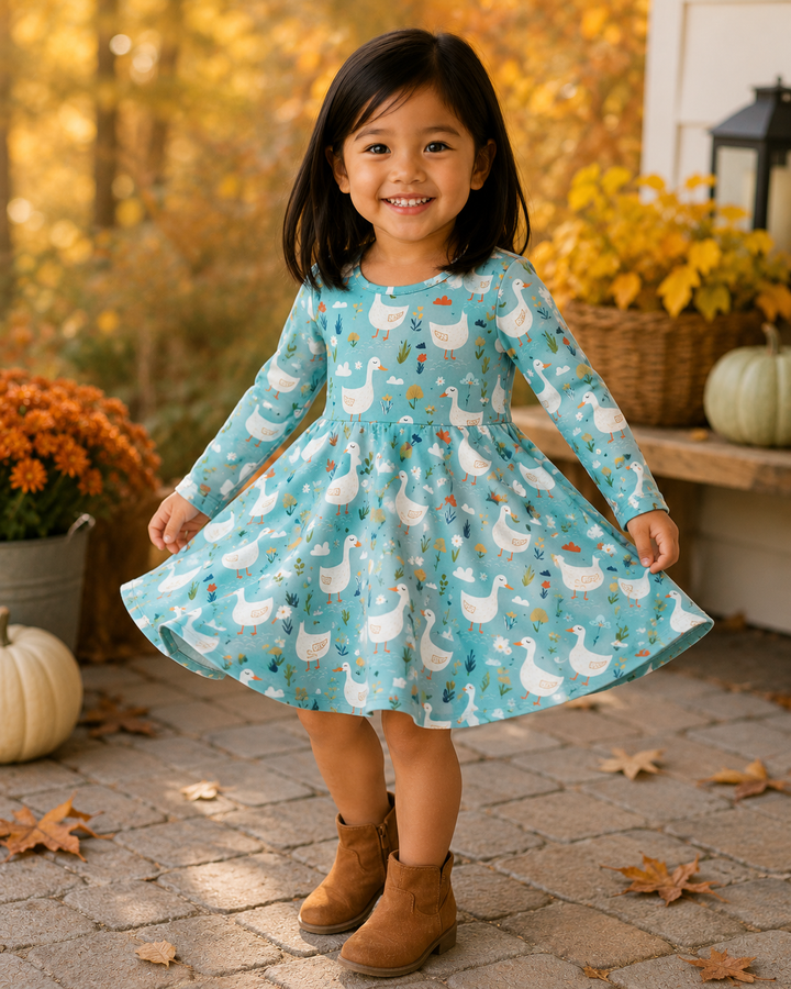 Young girl in a blue dress with duck pattern standing outdoors in autumn setting