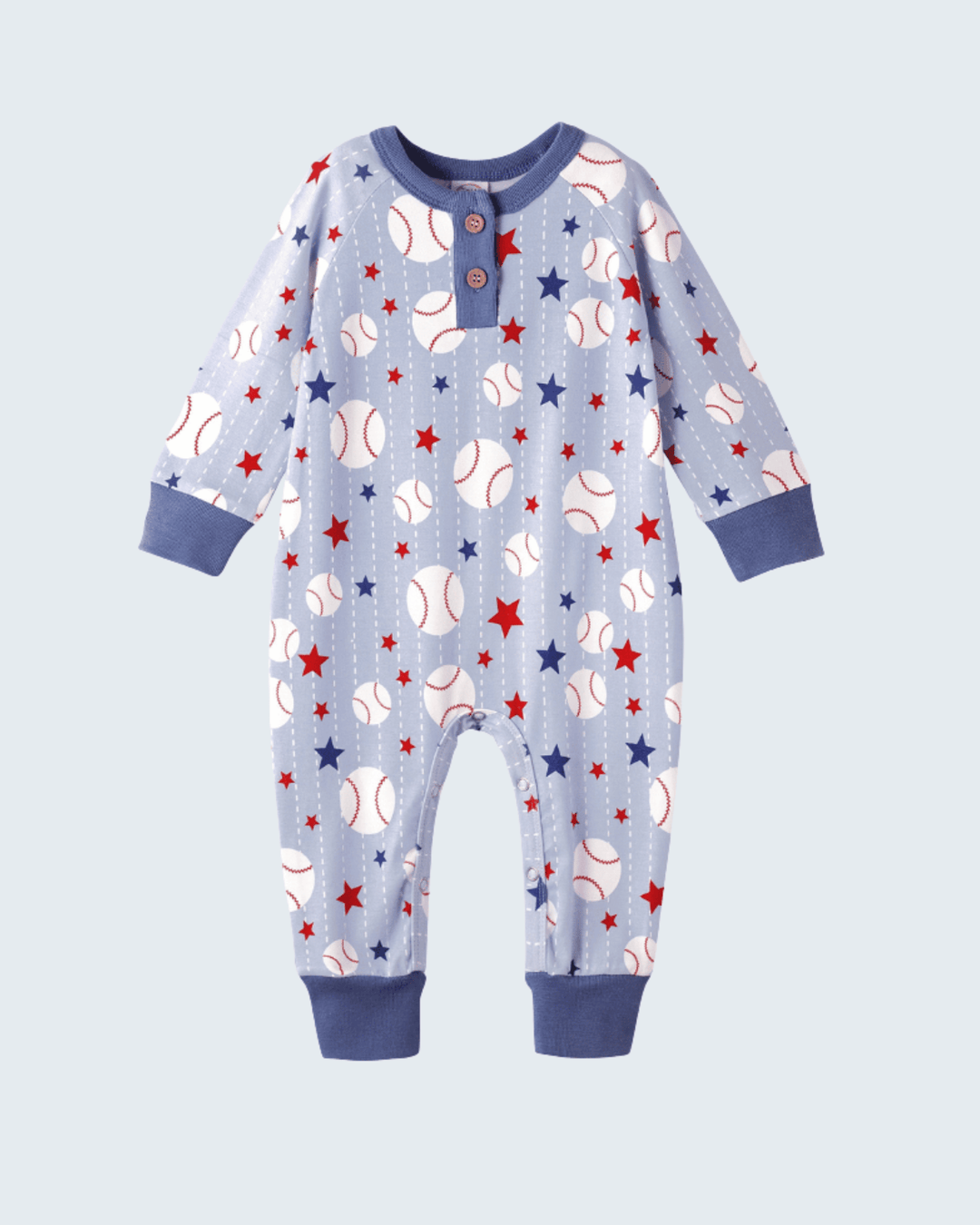 Bamboo baseball henley romper with long sleeves, button placket, star and baseball print