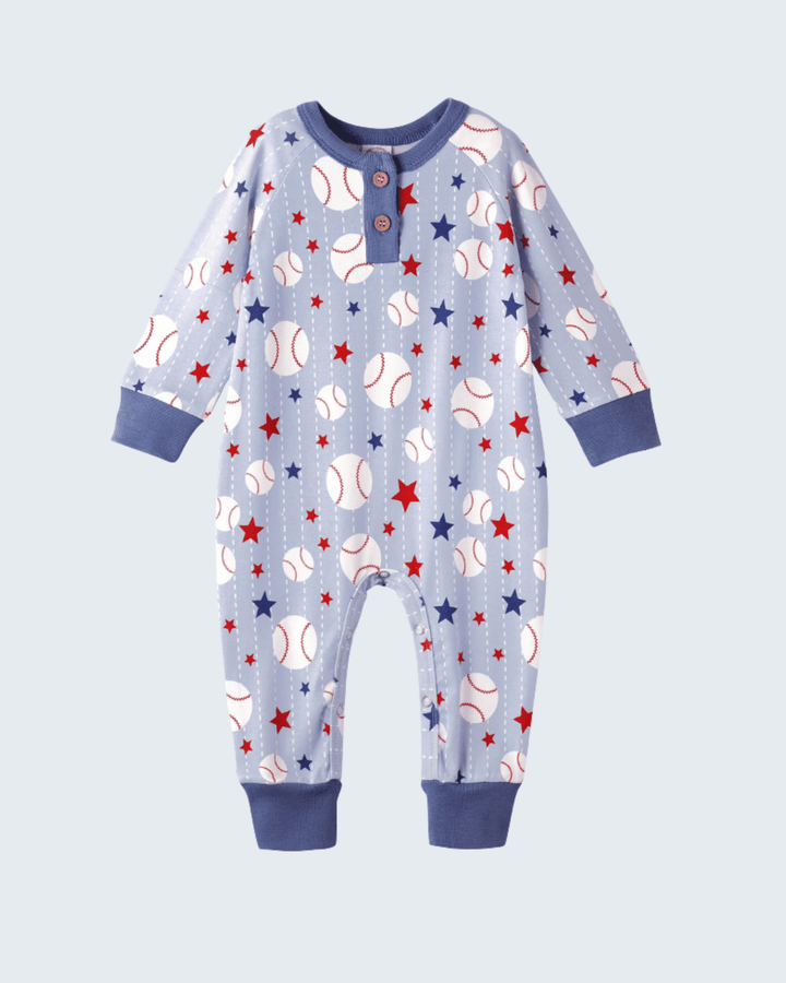 Bamboo baseball henley romper with long sleeves, button placket, star and baseball print
