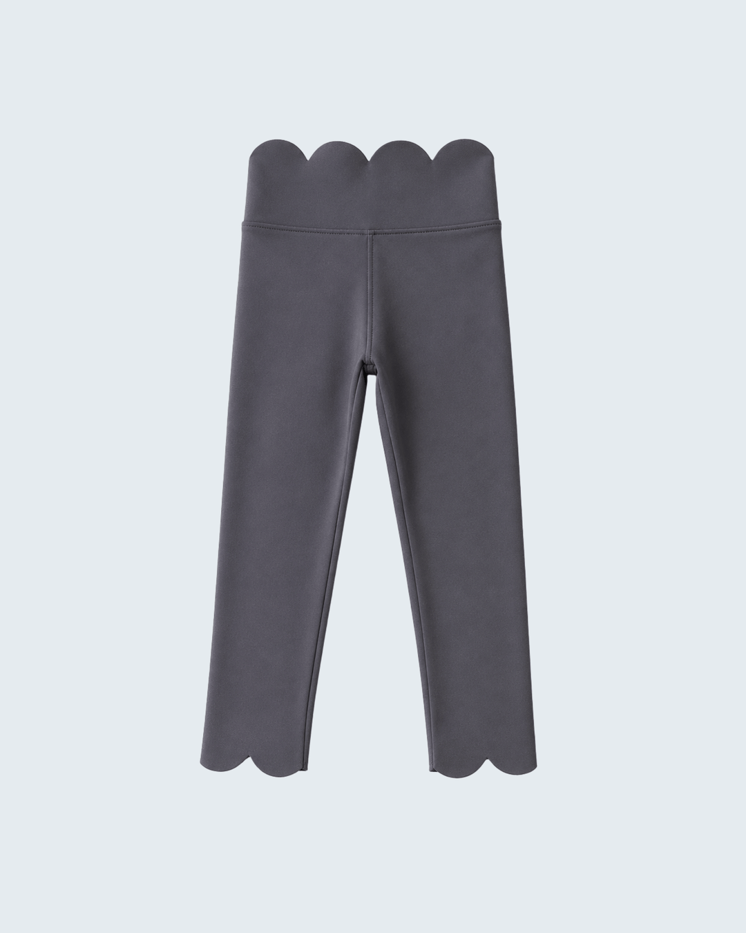Dark gray leggings with scalloped edges on a light gray background