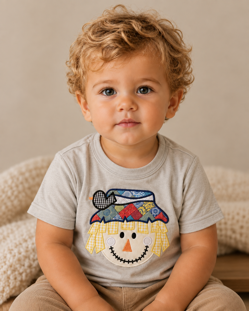 A toddler with curly light brown hair sits wearing a light gray short-sleeve t-shirt with a colorful applique scarecrow design on the front, paired with tan pants, against a soft beige background.