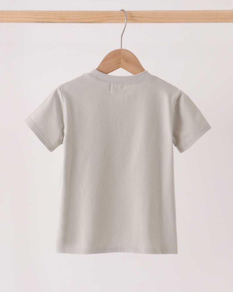 A light gray short-sleeve t-shirt hanging on a wooden hanger from a wooden clothes rack against a plain off-white background.