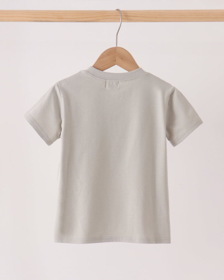 A light gray short-sleeve t-shirt hanging on a wooden hanger from a wooden clothes rack against a plain off-white background.