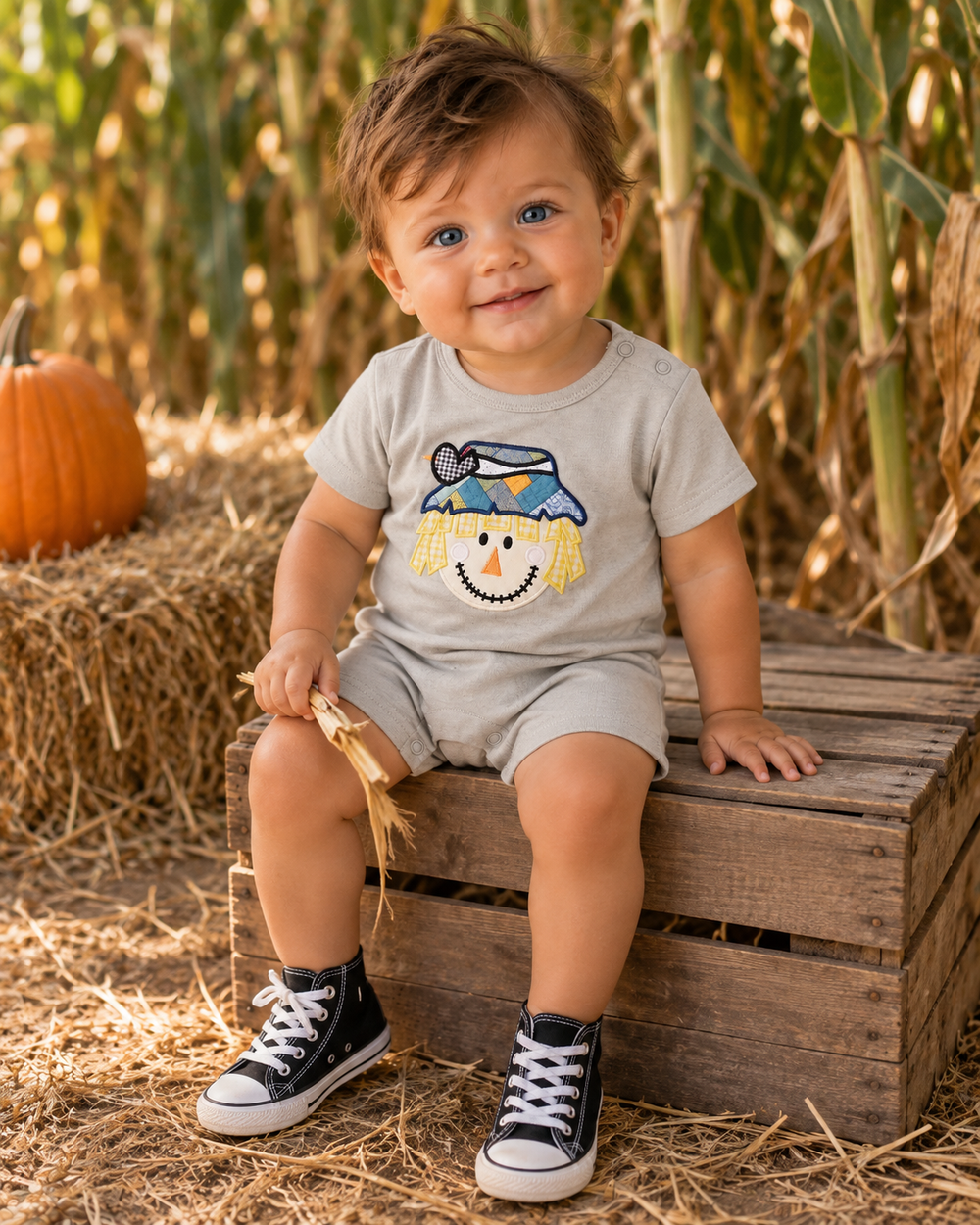 A smiling toddler sits on a wooden crate in a cornfield setting, wearing a light gray short-sleeve romper with a colorful scarecrow graphic on the chest and black high-top sneakers.