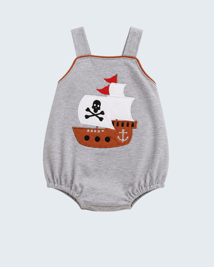 Gray baby romper with pirate ship design on a light gray background
