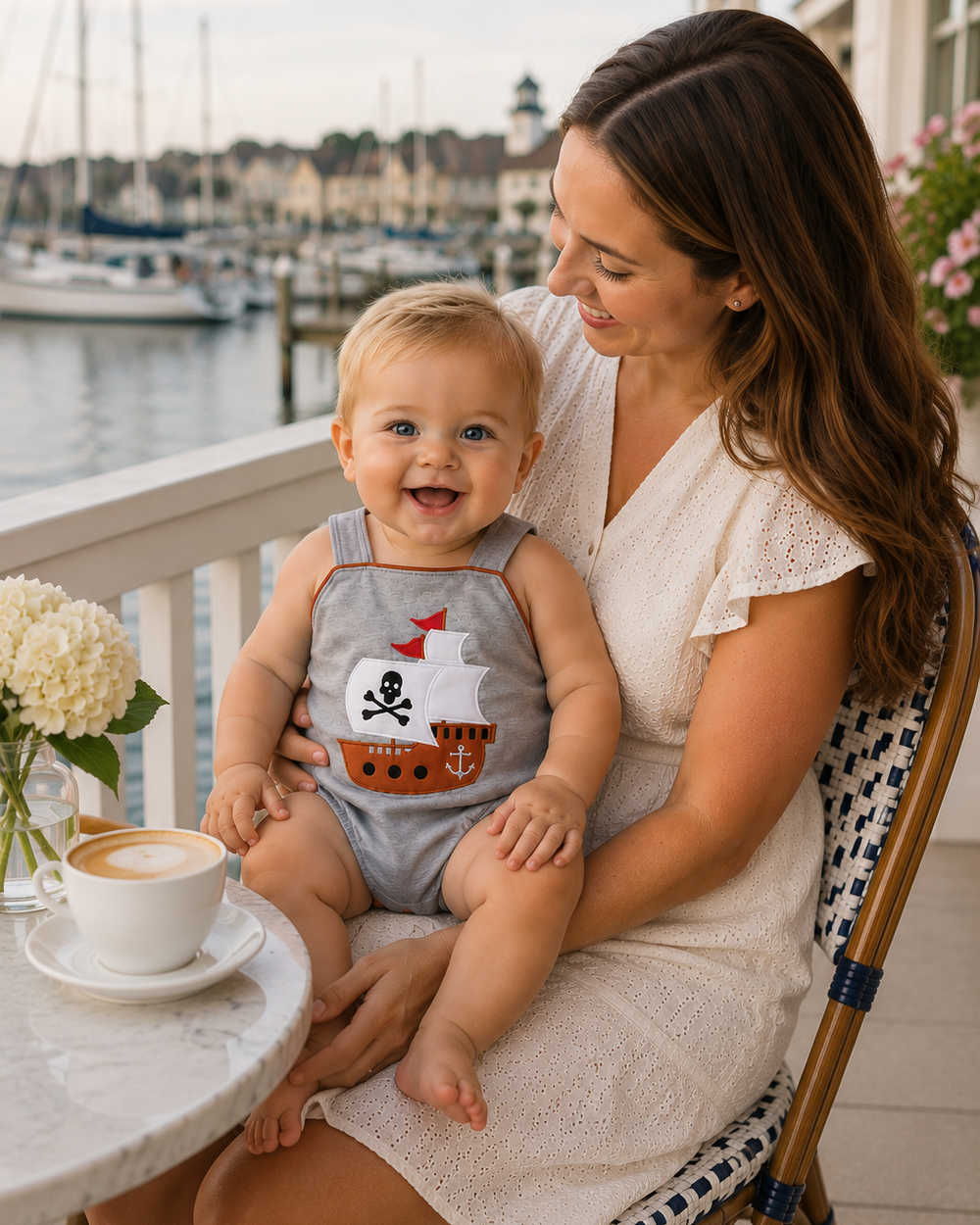 Woman holding a baby on a porch with a marina view