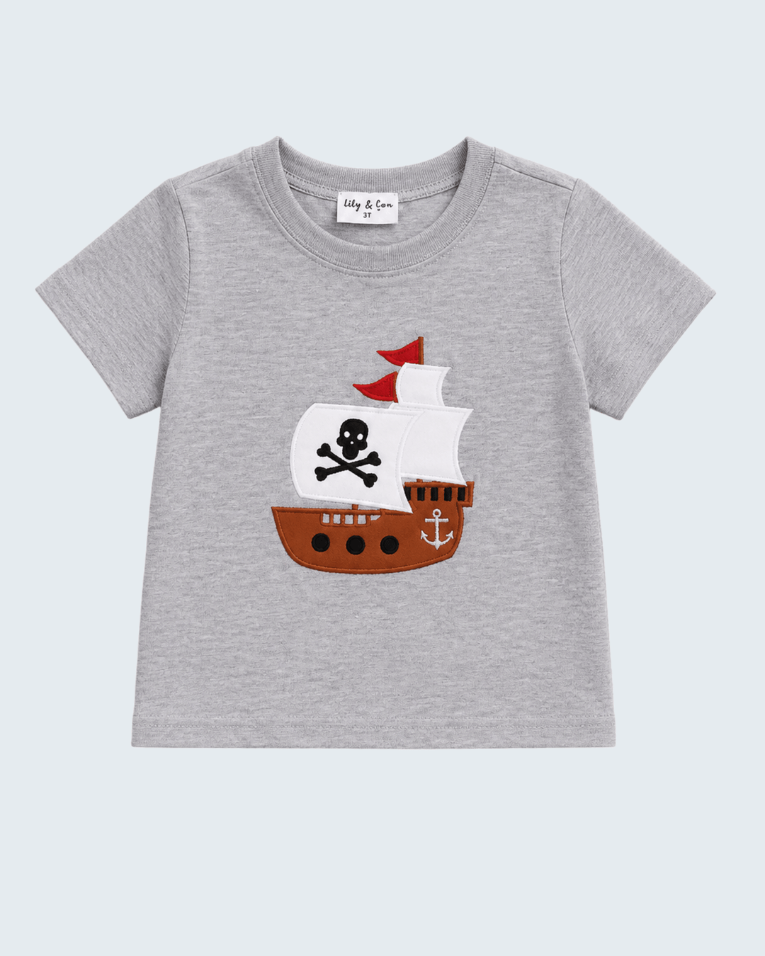 Gray t-shirt with a pirate ship design on a light gray background