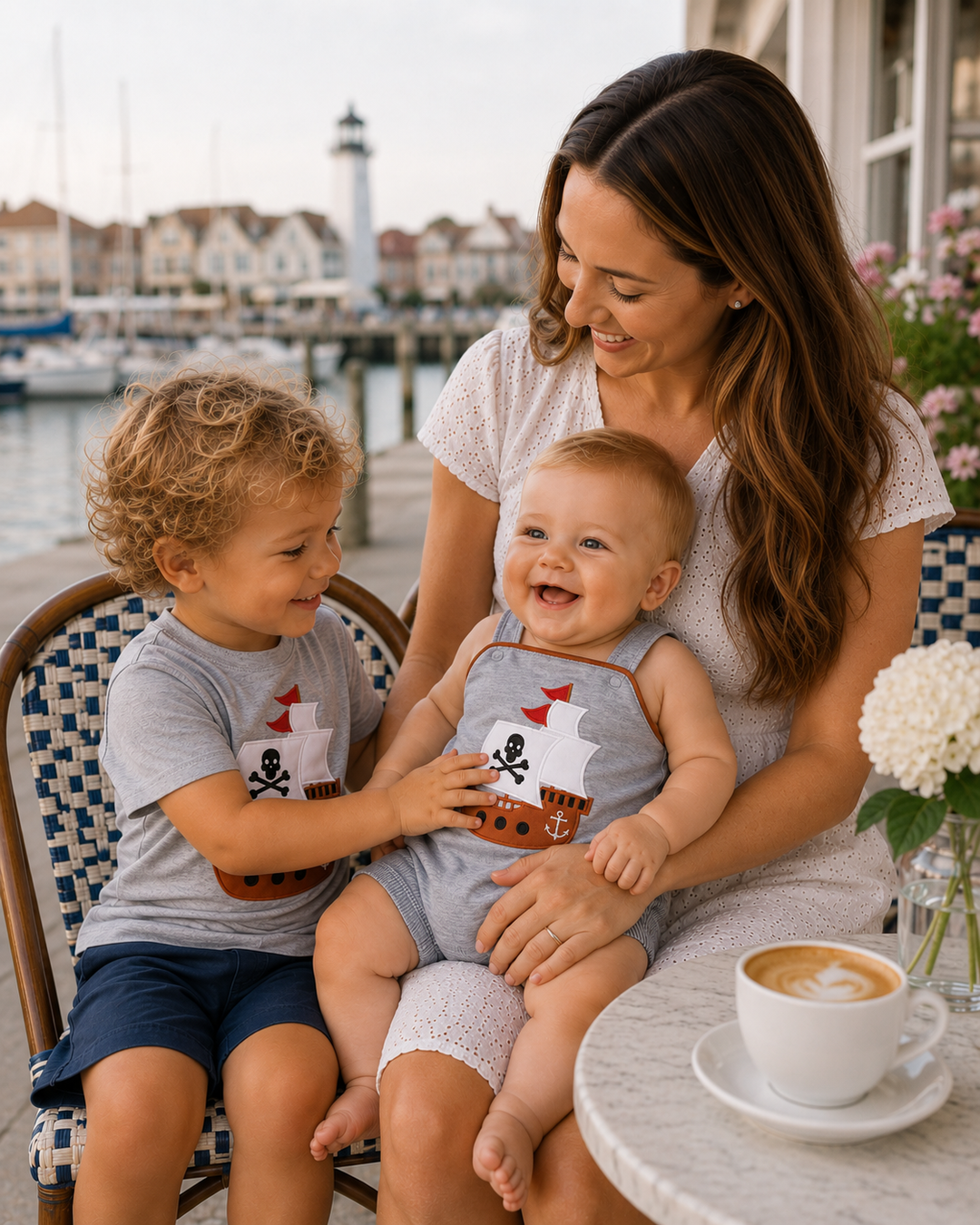 Woman with two children sitting outdoors by a waterfront with a cup of coffee.