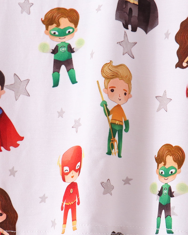Character print pajama shirt with colorful boy and hero motifs on light fabric