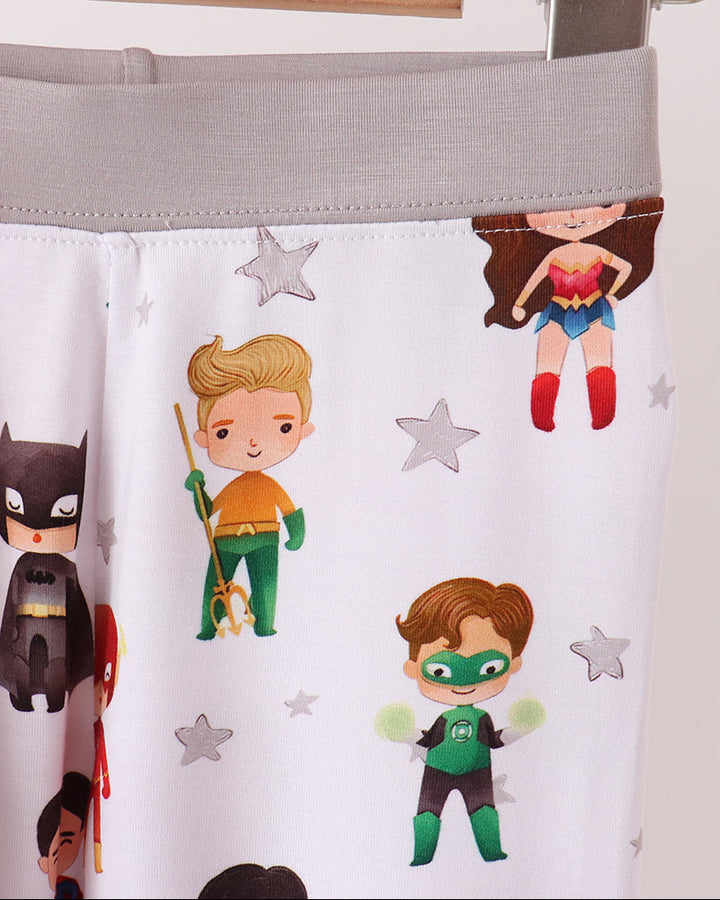 Pajama pants waistband close-up with drawstring and colorful character print