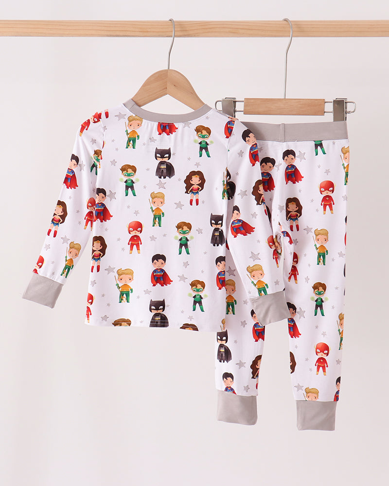 Kids bamboo character pajama set, long-sleeve top and pants with colorful superhero print