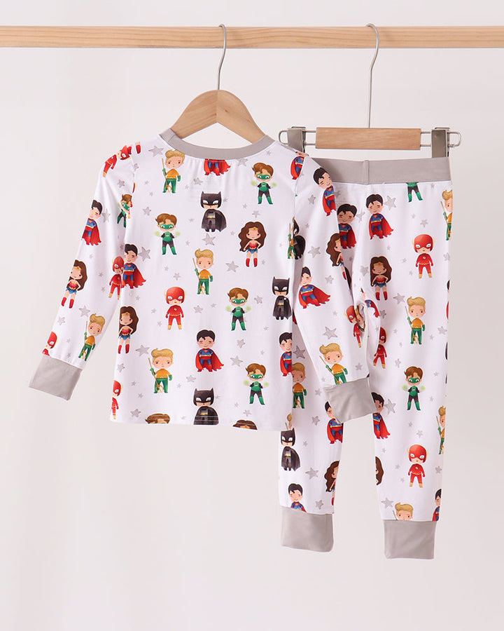 Kids bamboo character pajama set, long-sleeve top and pants with colorful superhero print