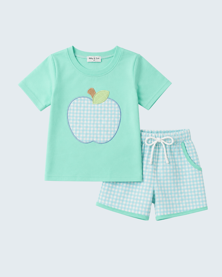 Mint green apple T-shirt and light blue check drawstring shorts set