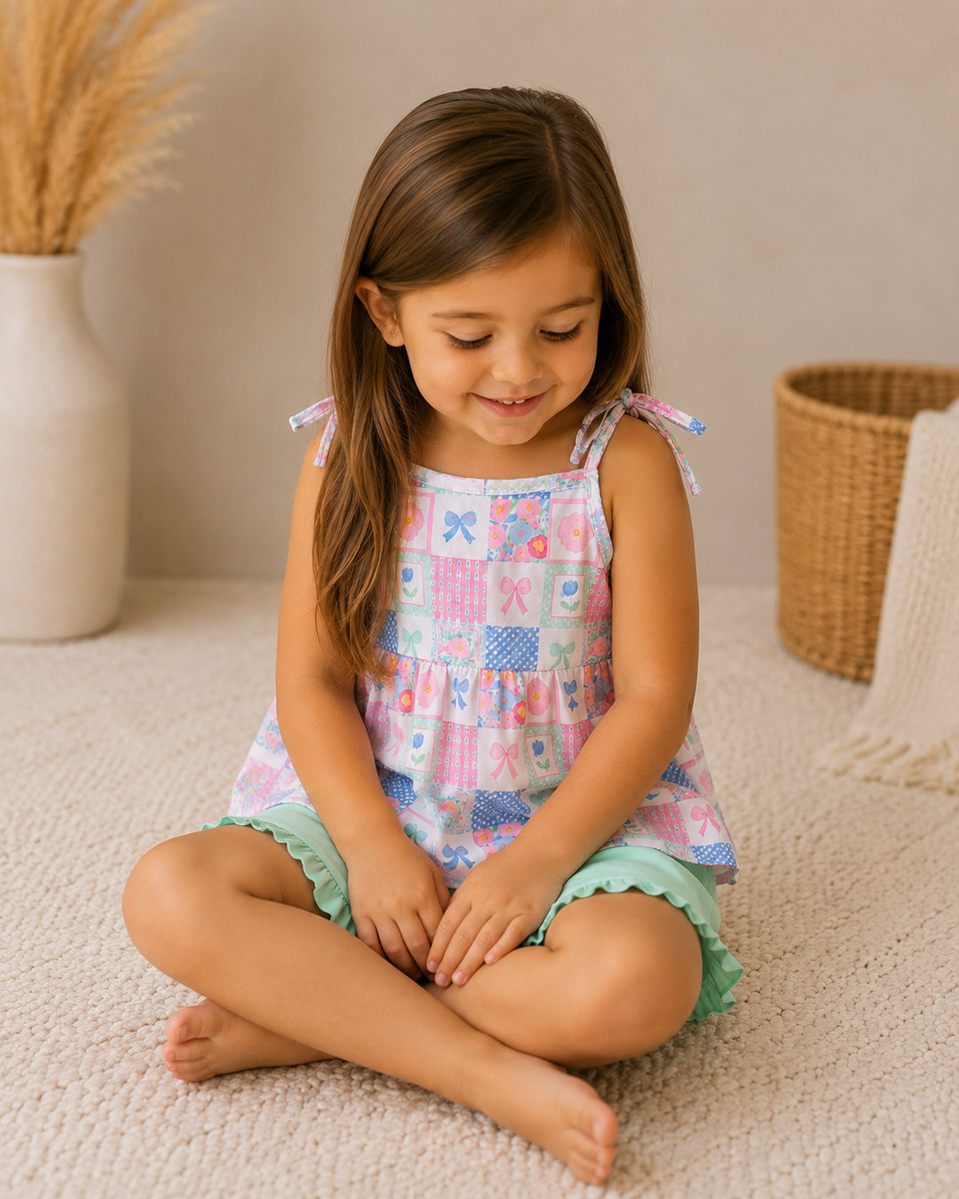 Young girl sitting on a beige carpet wearing a colorful dress with butterfly patterns.