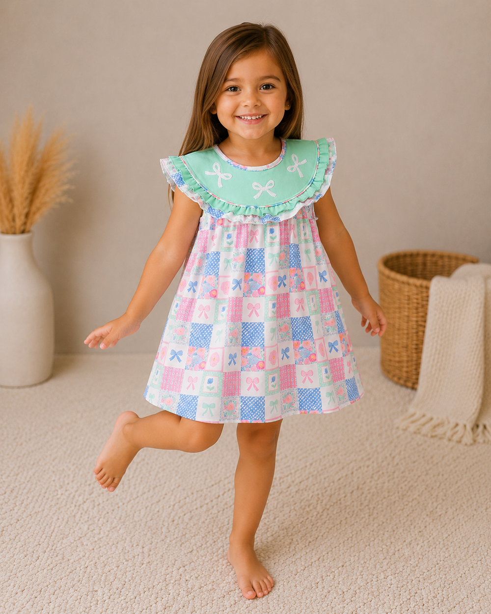 Young girl wearing a colorful checkered dress with a green ruffled collar, standing on a beige carpet.