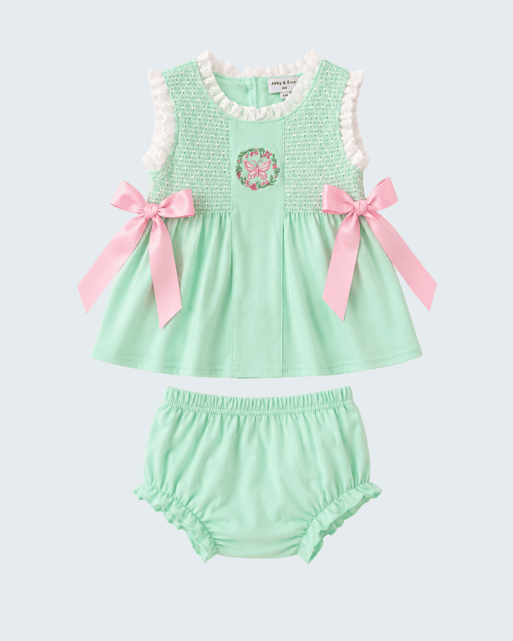 Green Butterfly Smocked Bloomer Set on light grey background