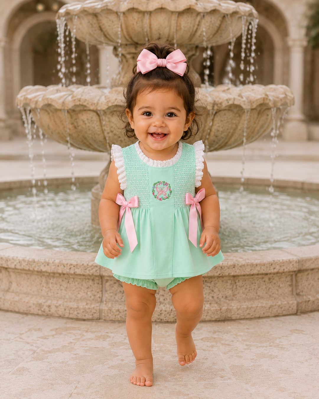 Toddler girl is standing in front of large outdoor fountain