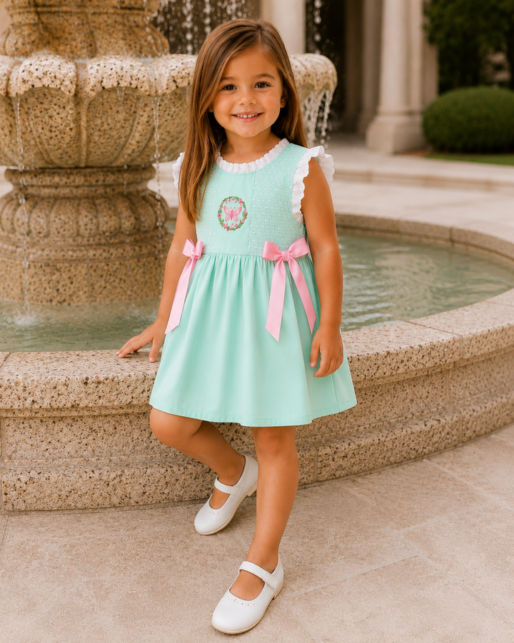 Young girl standing in front of a large stone fountain