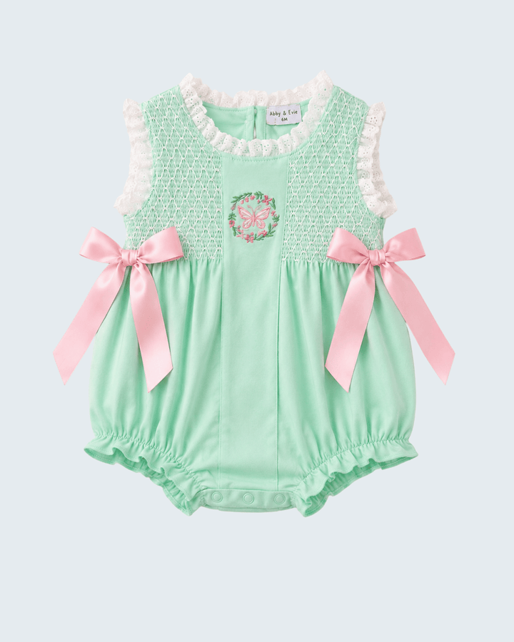 Green Butterfly Smocked Lace Bubble on light grey background
