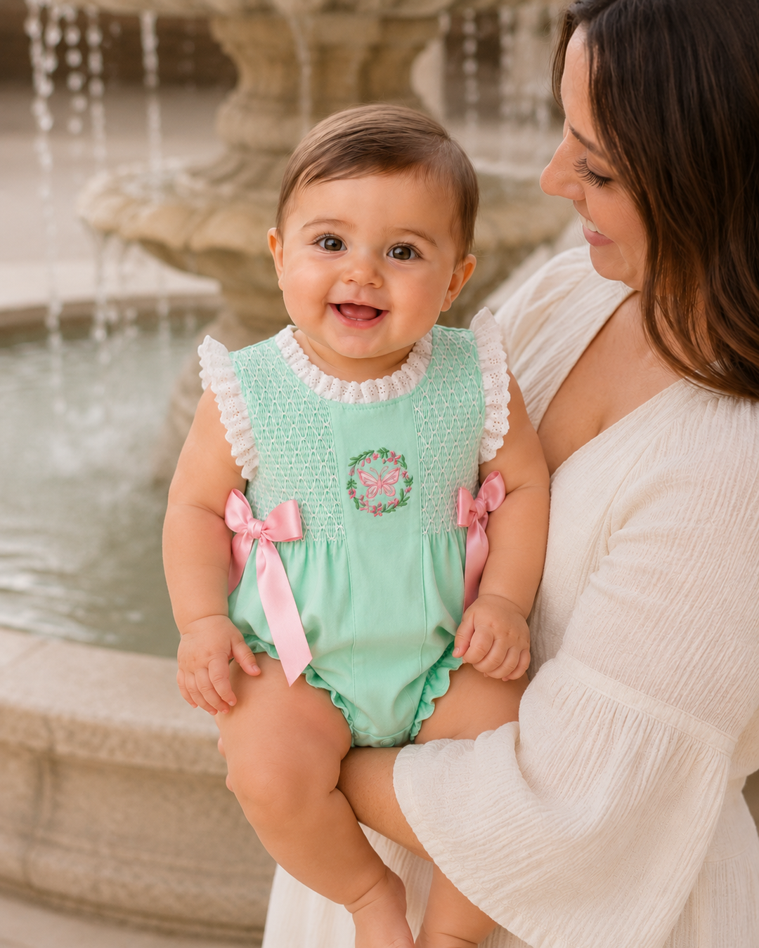 Mom is holding baby girl in front of a large fountain