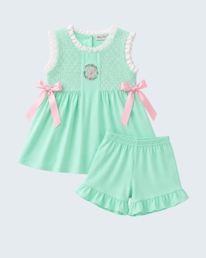Green Butterfly Smocked Ruffle Shorts Set on light grey background