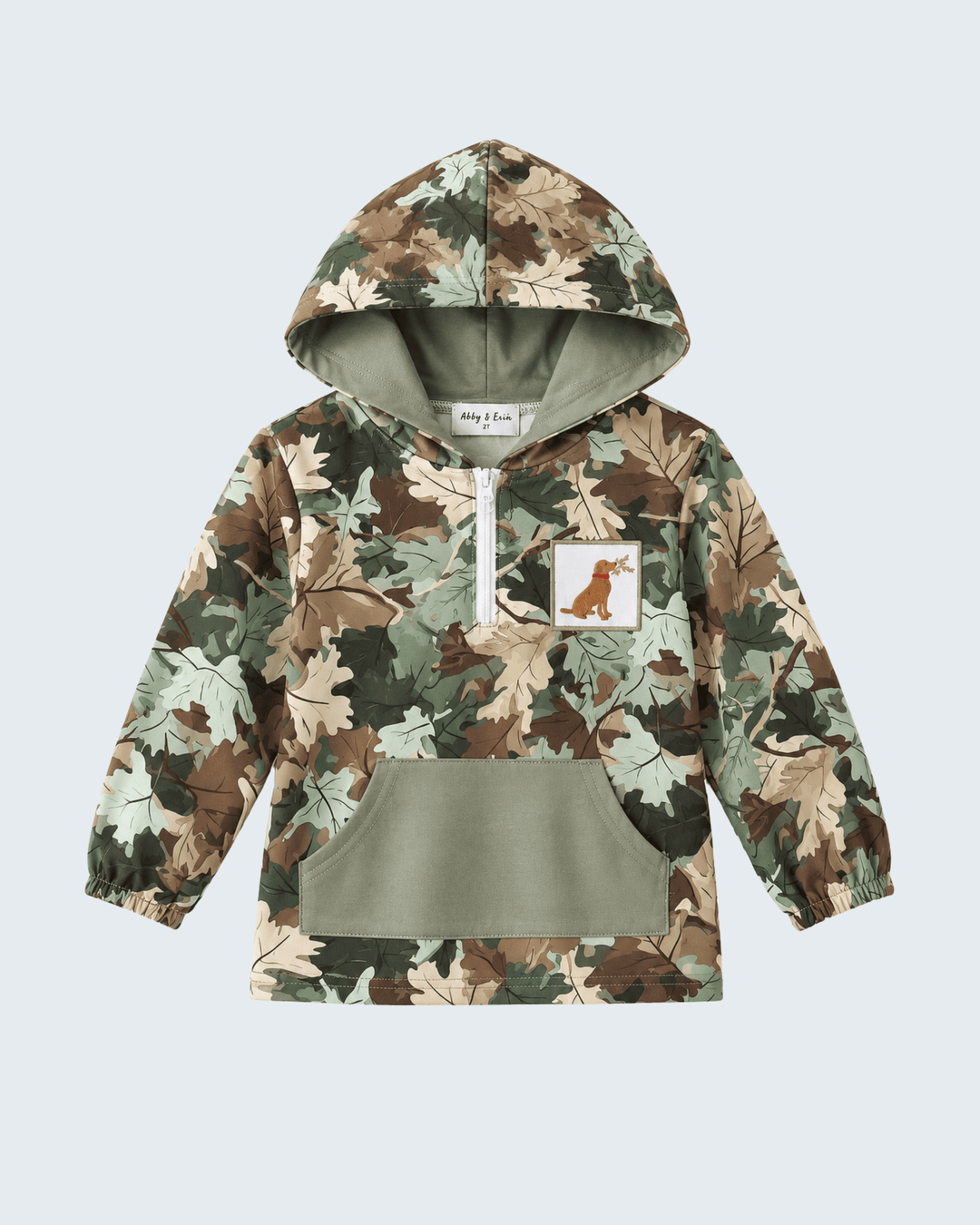 Green Camouflage Puppy Embroidery Hooded Pullover