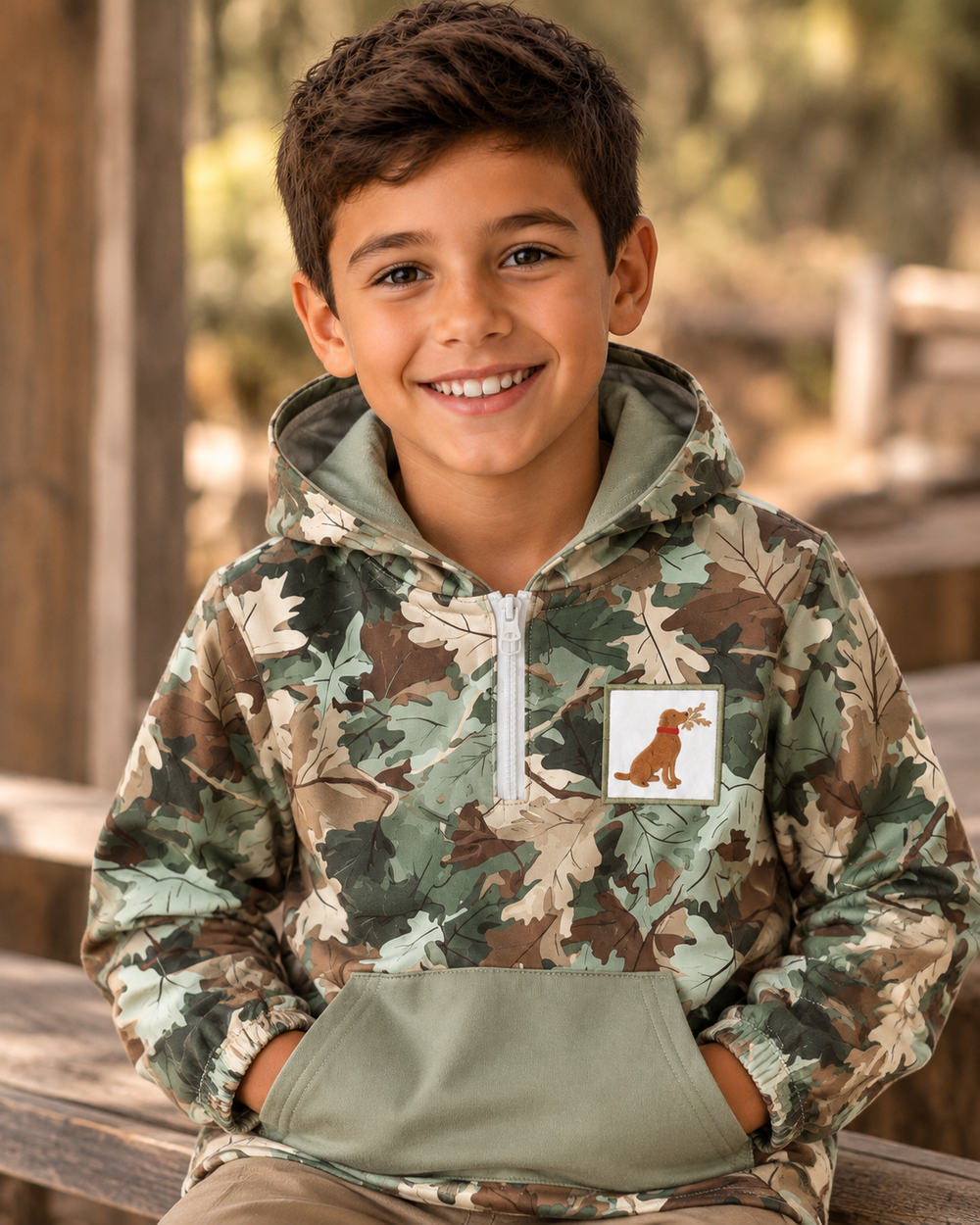 Young boy is wearing a Green Camouflage Puppy Embroidery Hooded Pullover