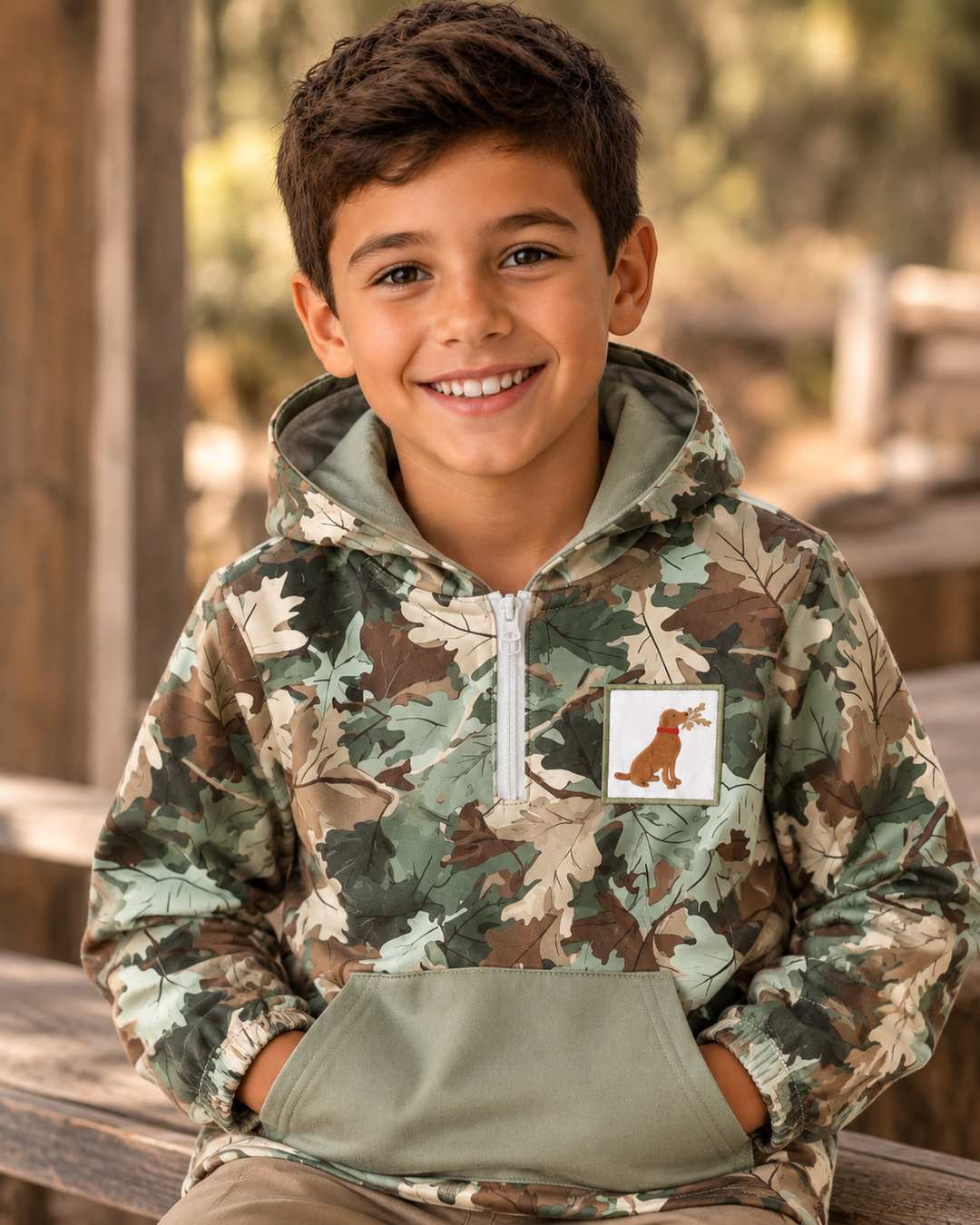 Young boy is wearing a Green Camouflage Puppy Embroidery Hooded Pullover