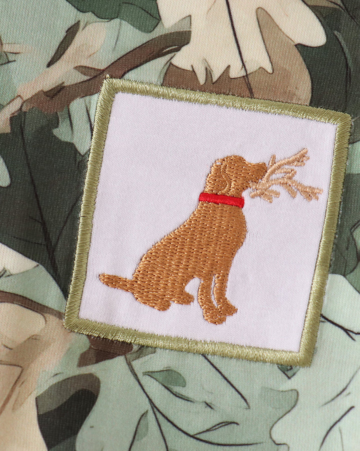 Camouflage hoodie chest patch with embroidered puppy in red collar
