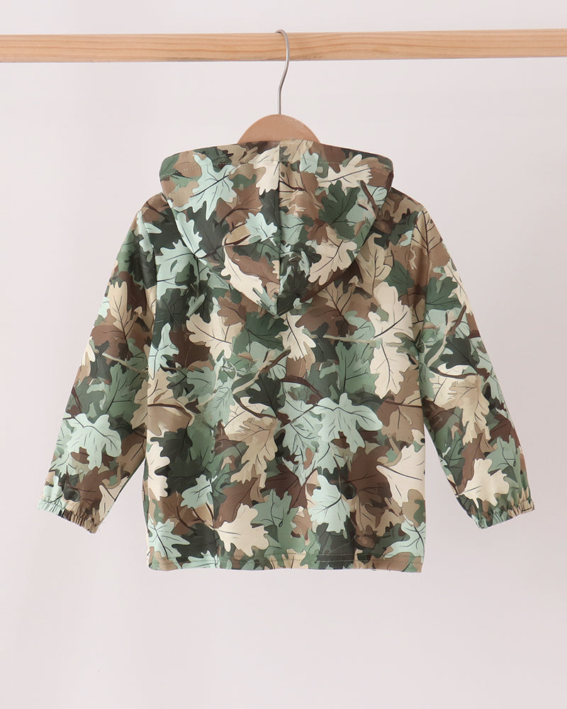 Camouflage hoodie back view with leaf camo pattern and hood