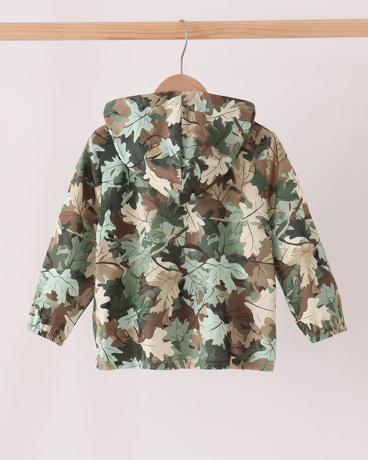 Camouflage hoodie back view with leaf camo pattern and hood