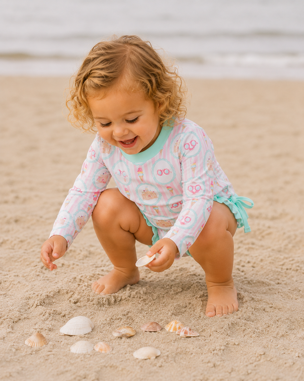 Child playing on a sandy beach with seashells