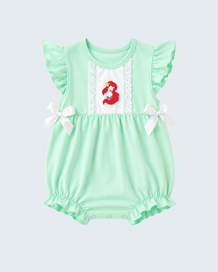 Green Character Embroidered Ruffle Bubble on light grey background