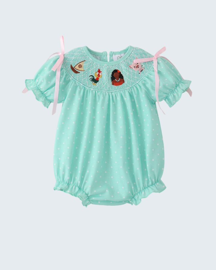 Aqua smocked character bubble romper with pink bow ties and short puff sleeves