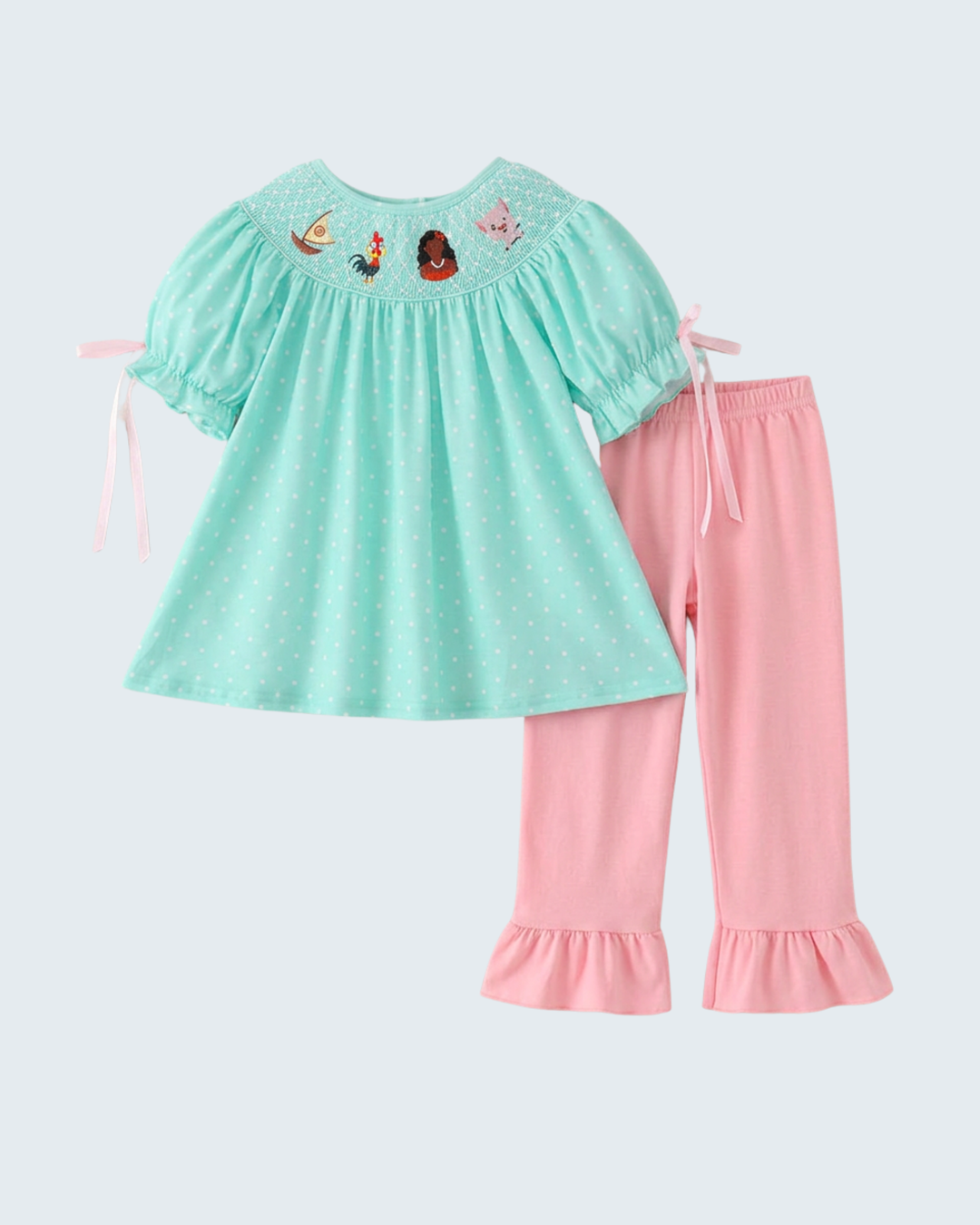 Kids smocked ruffle top and pants set, mint with embroidered character and pink trousers