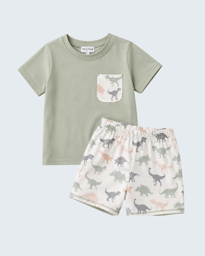 Green Dinosaur Shorts Set on light grey background