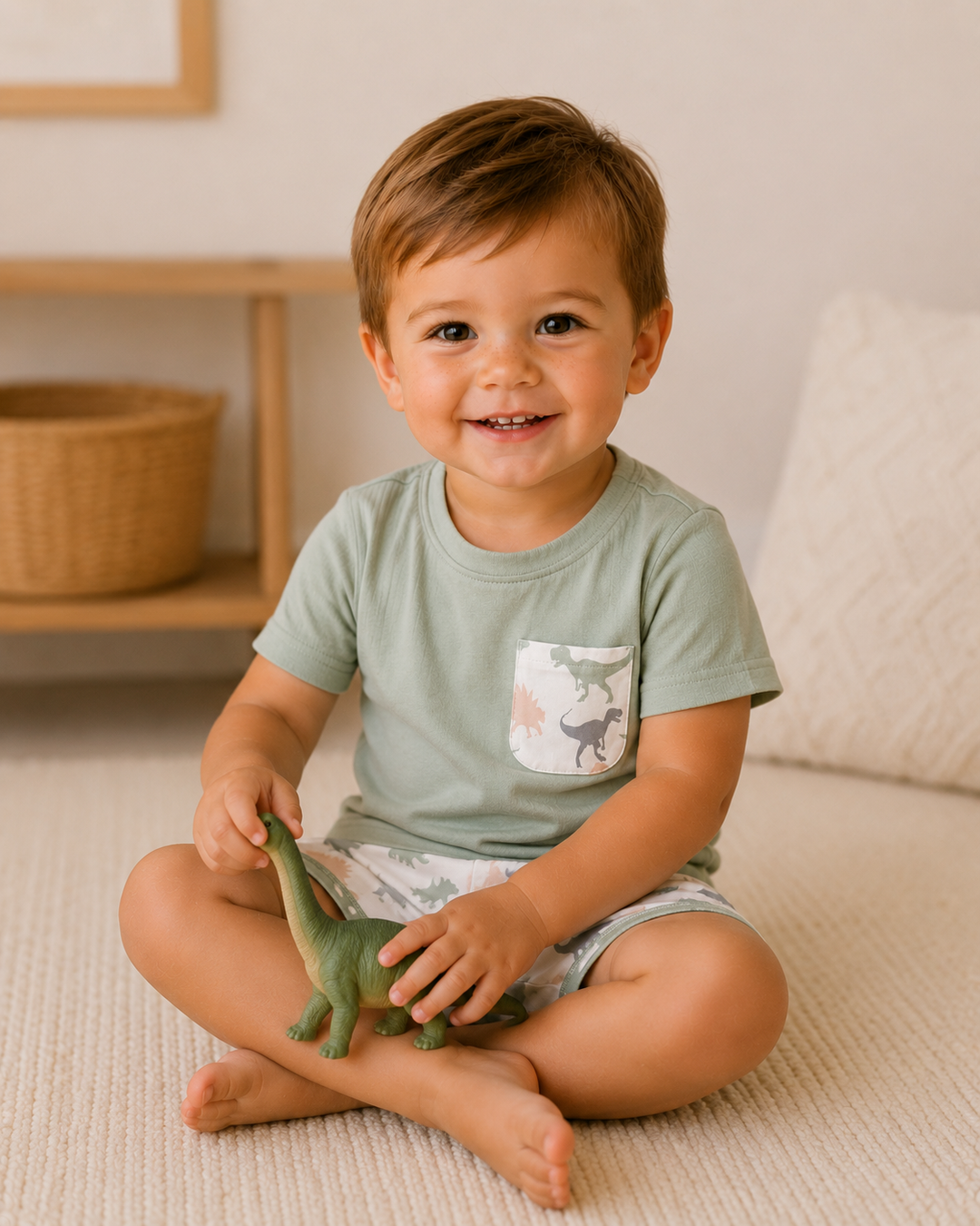 Toddler boy is sitting on the floor playing with a dinosaur