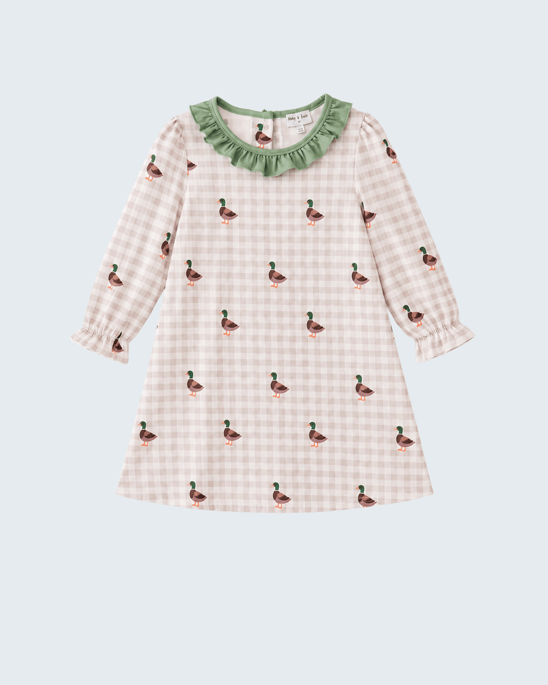 A long-sleeve baby dress with a pink and white gingham pattern, featuring a green ruffled collar and small green and pink duck prints, shown on a light gray background.
