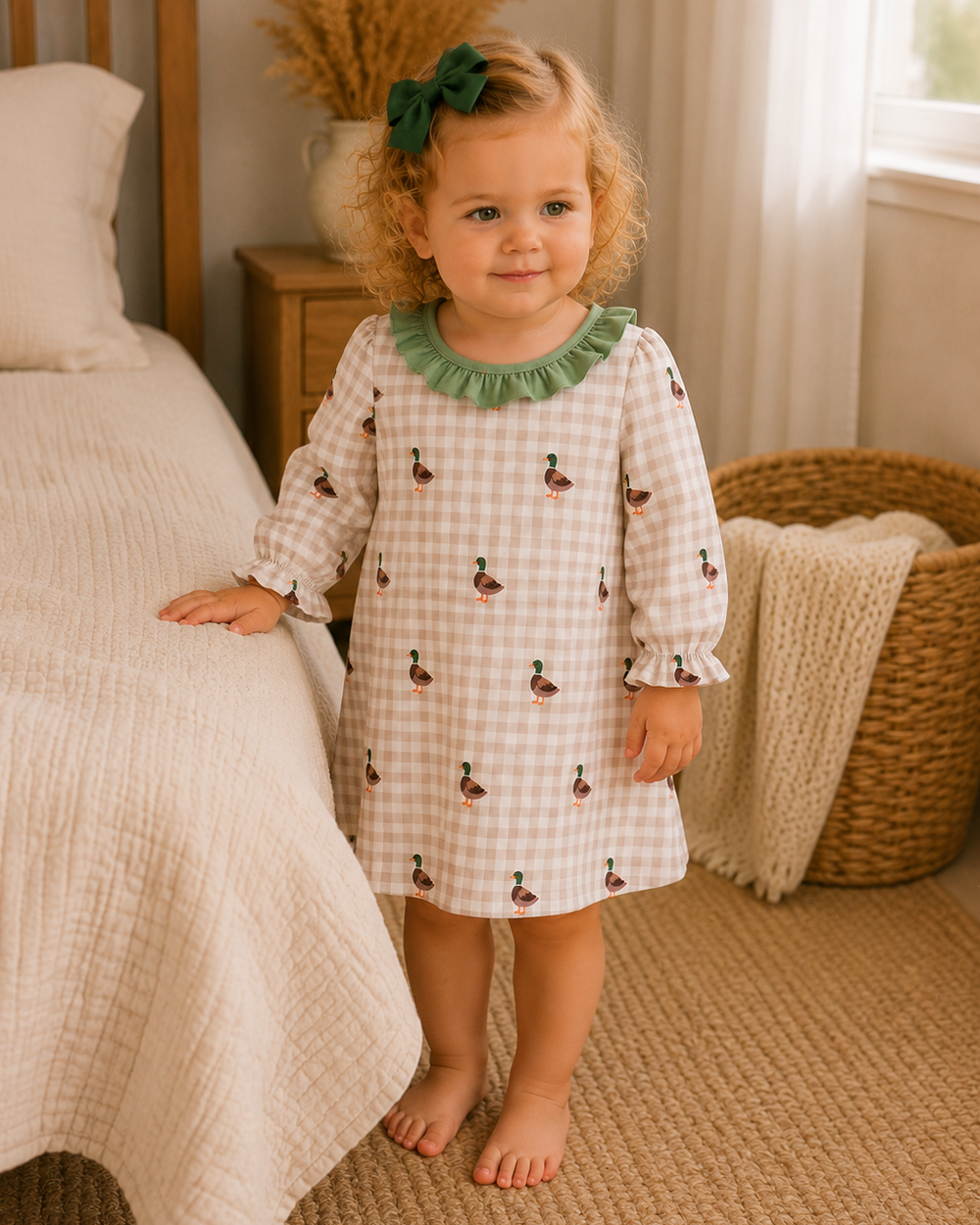 A toddler girl with curly blonde hair and a green bow stands barefoot in a bedroom, wearing a long-sleeve gingham nightgown with duck prints and a green ruffled collar.