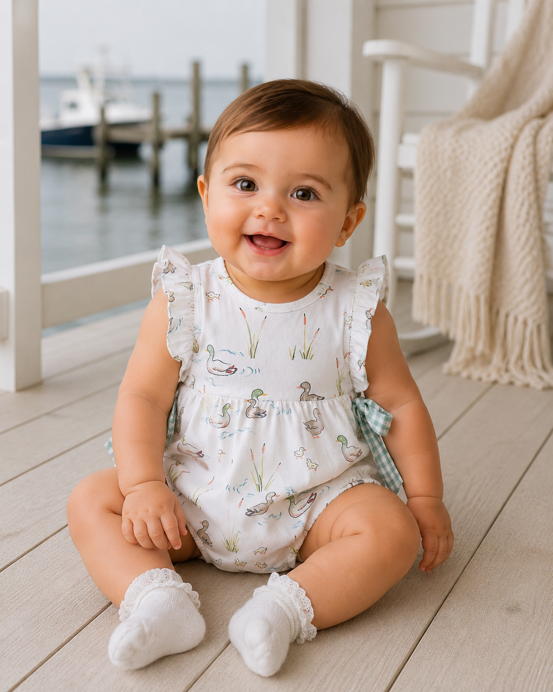 Baby sitting on a wooden deck by a waterfront, wearing a white romper with duck print.