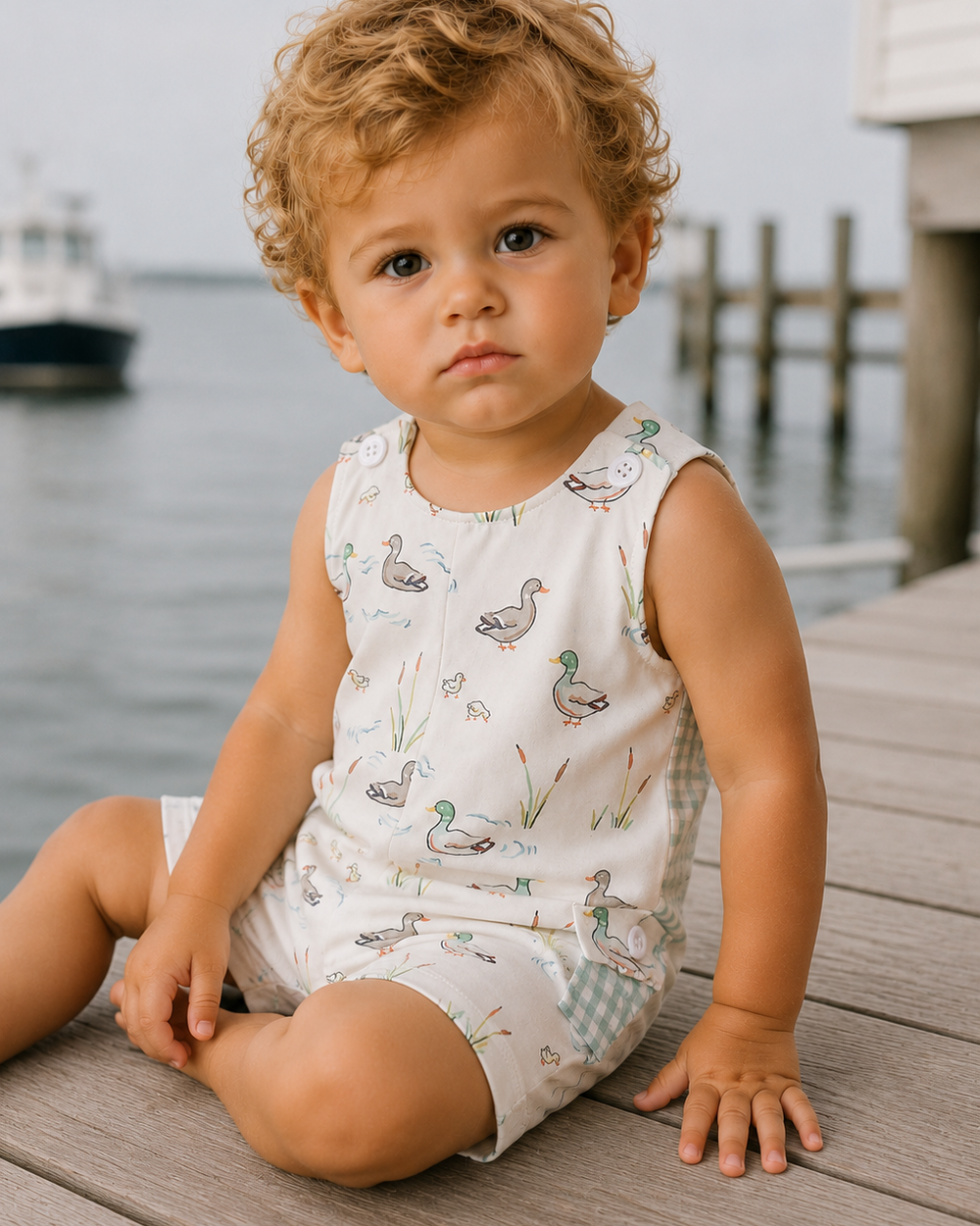 Child wearing a sleeveless romper with duck pattern sitting on a dock by water.