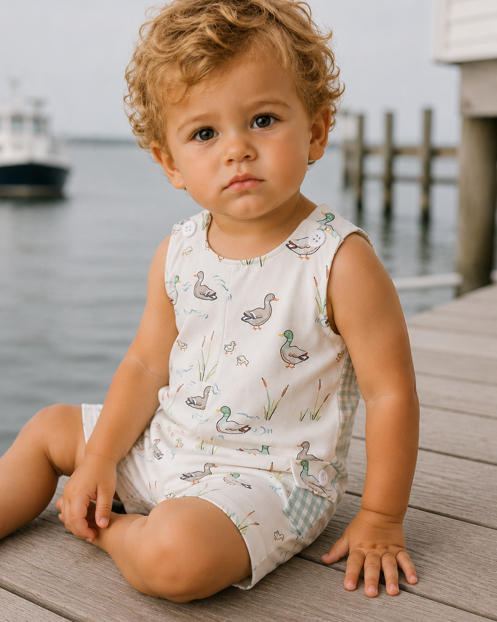 Child wearing a sleeveless romper with duck pattern sitting on a dock by water.