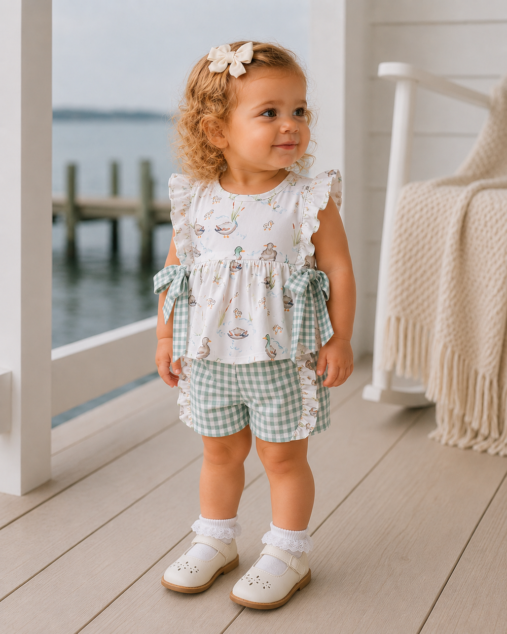 Young child in a white dress with ruffles and green checkered shorts standing on a wooden deck by a body of water.