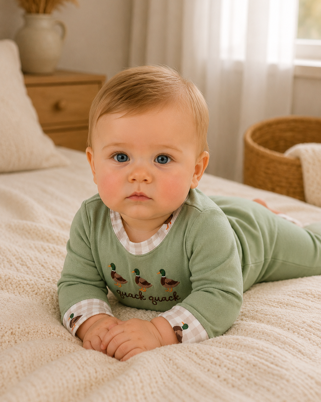 A baby lying on a cream-colored textured bed, wearing a sage green footed sleeper with duck graphics and the words &
