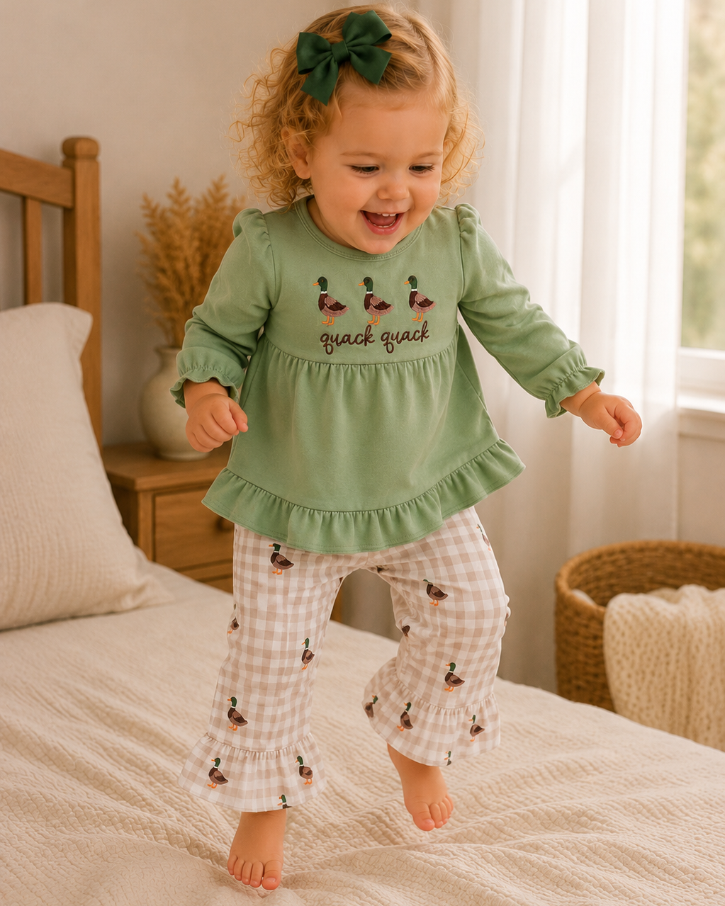 A toddler girl jumps on a bed wearing a sage green long-sleeve ruffle top with &