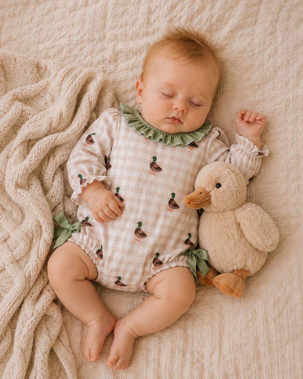 A sleeping baby wearing a beige and white gingham romper with green ruffle trim and duck prints, lying on a textured cream blanket next to a plush duck toy.
