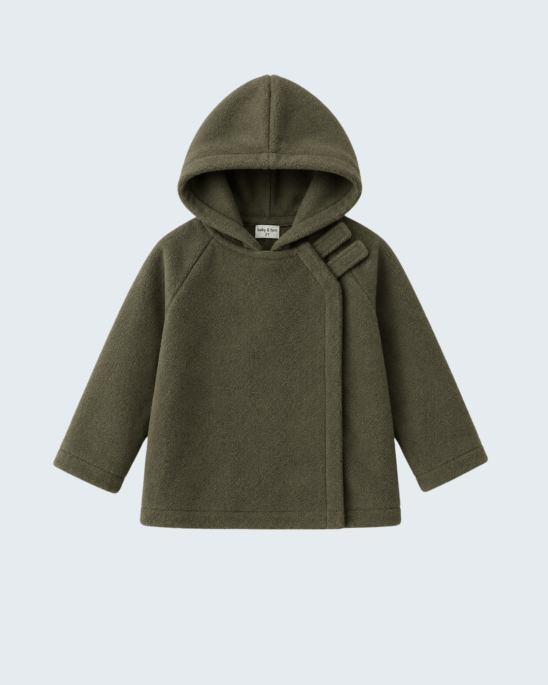 Dark green fleece hooded coat with raglan seams and adjustable hood