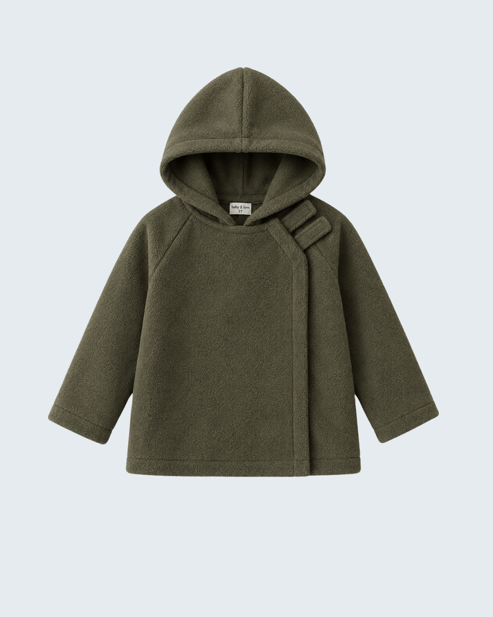 Dark green fleece hooded coat with raglan seams and adjustable hood