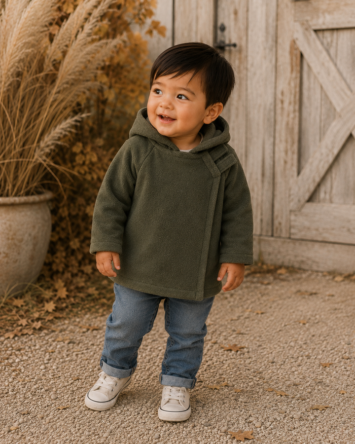 Kids dark green fleece hooded coat with kangaroo pocket and long sleeves